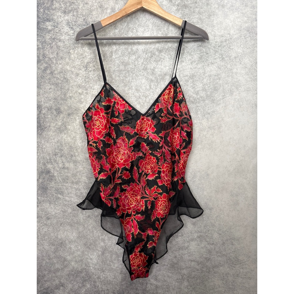 Victoria's Secret Gold Label Red Rose Satin Teddy Bodysuit Large VTG 1990 NWT